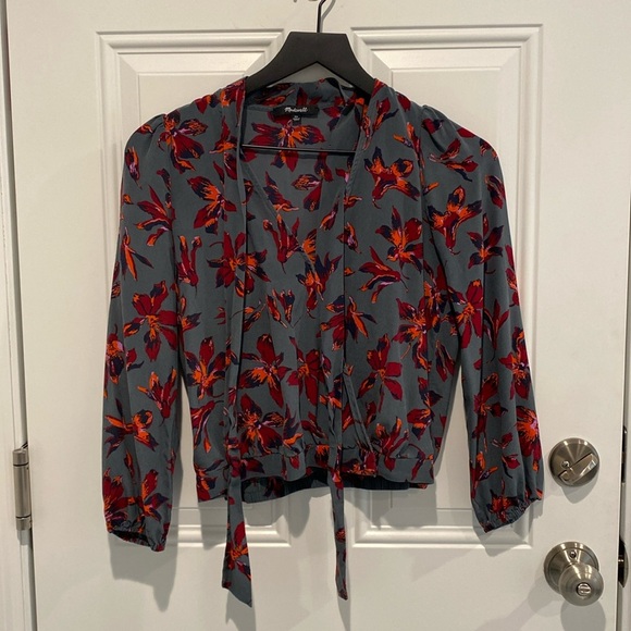 Madewell Silk Tie Neck Wrap Top in Winter Orchid Multi Green Size XS - Picture 1 of 5